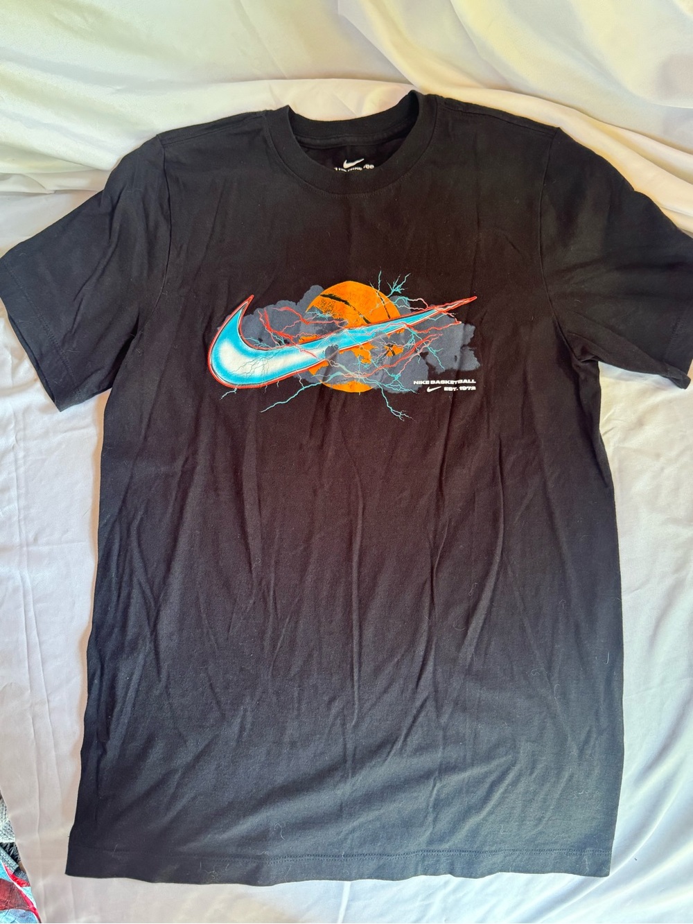 Nike Black Short-Sleeve Tee with Blue and Orange Swoosh Graphic